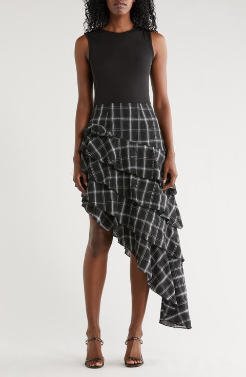 Asymmetrical Plaid Mixed Media Dress
