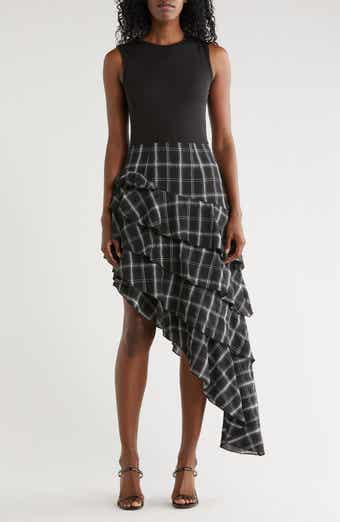 AREA STARS Asymmetrical Plaid Mixed Media Dress