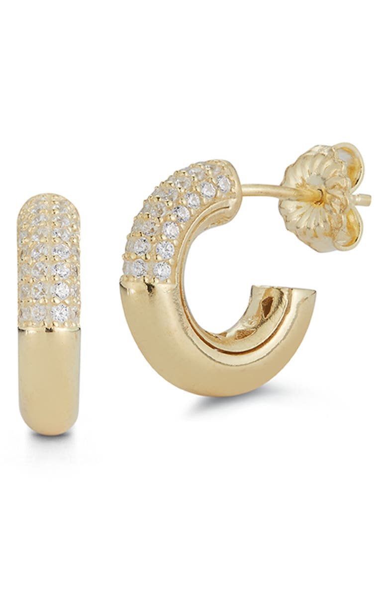 GLAZE JEWELRY 14K Gold Plated Sterling Silver Half CZ Hoop Earrings, Main, color, 