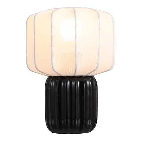 Leola Modern Contemporary Ceramic Fluted Mini with Ribbed Cocoon Pumpkin Shade LED Table Lamp