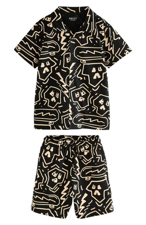 Next Kids' Abstract Print Knit Cotton Camp Shirt & Drawstring Shorts Set In Black