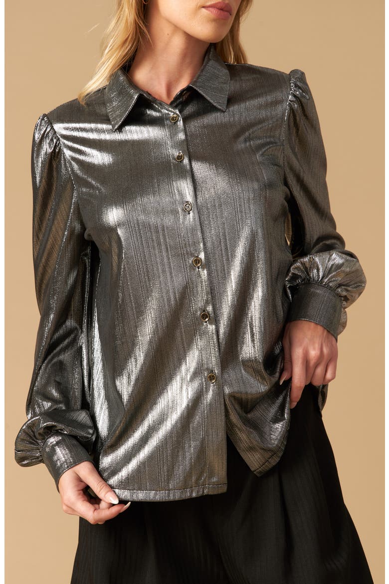 Foil Coated Button-Up Shirt, Alternate, color, SILVER