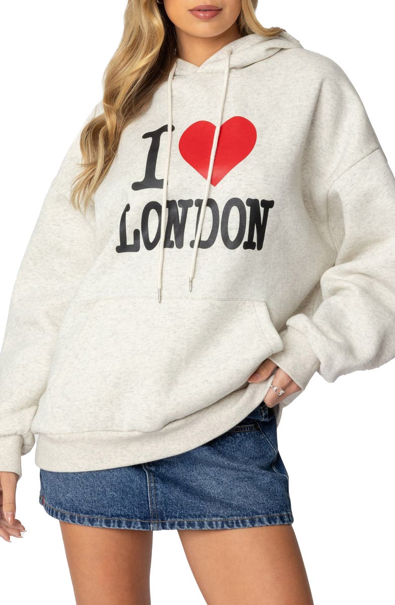 EDIKTED Oversize London Lover Graphic Hoodie, Main, color, Gray-Melange