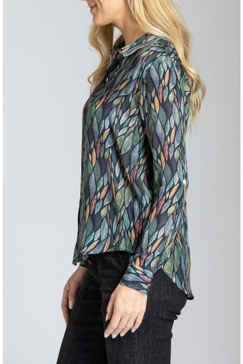 Abstract Print Roll Tab Sleeve Chiffon Button-Up Shirt, Alternate, color, GREY/ GREEN MULTI