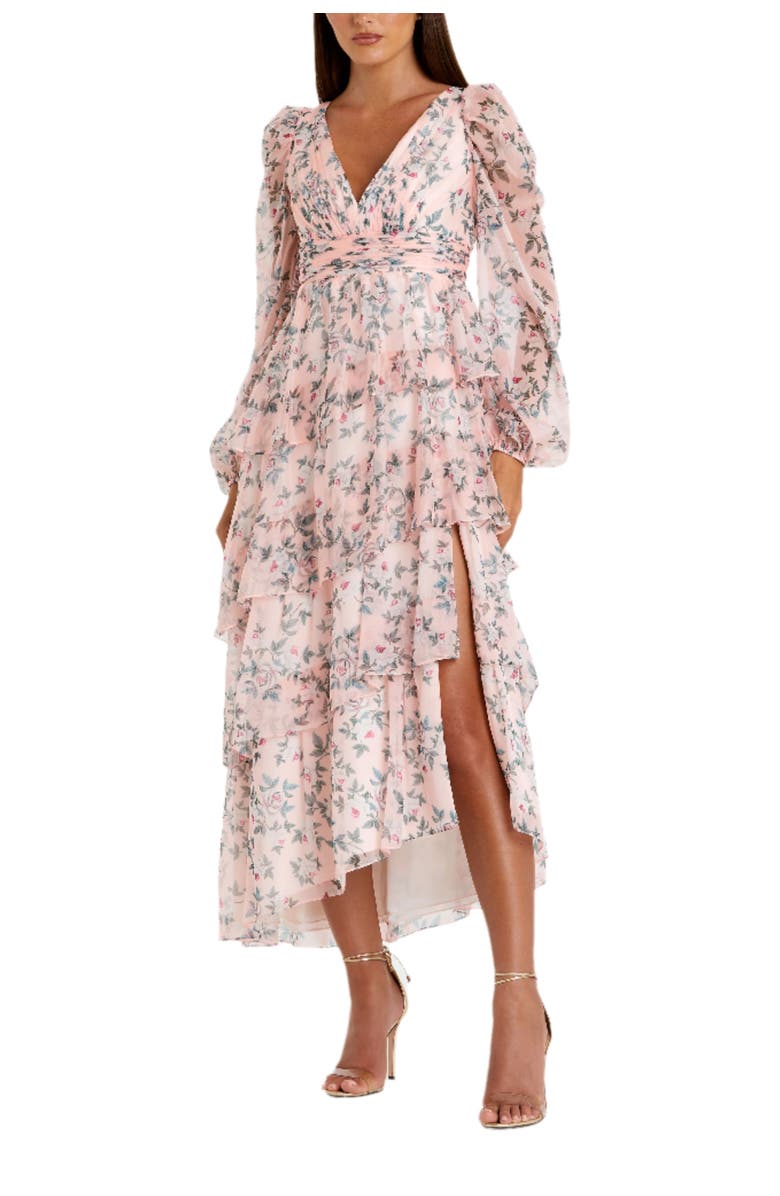 Mac Duggal Elegant Puff Sleeve Floral Midi Dress with A-Line Silhouette and Side Pockets, Main, color, Blush Multi