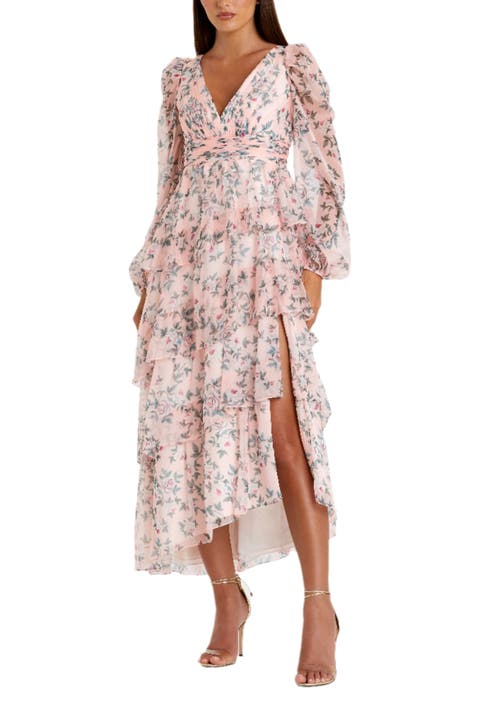 Elegant Puff Sleeve Floral Midi Dress with A-Line Silhouette and Side Pockets