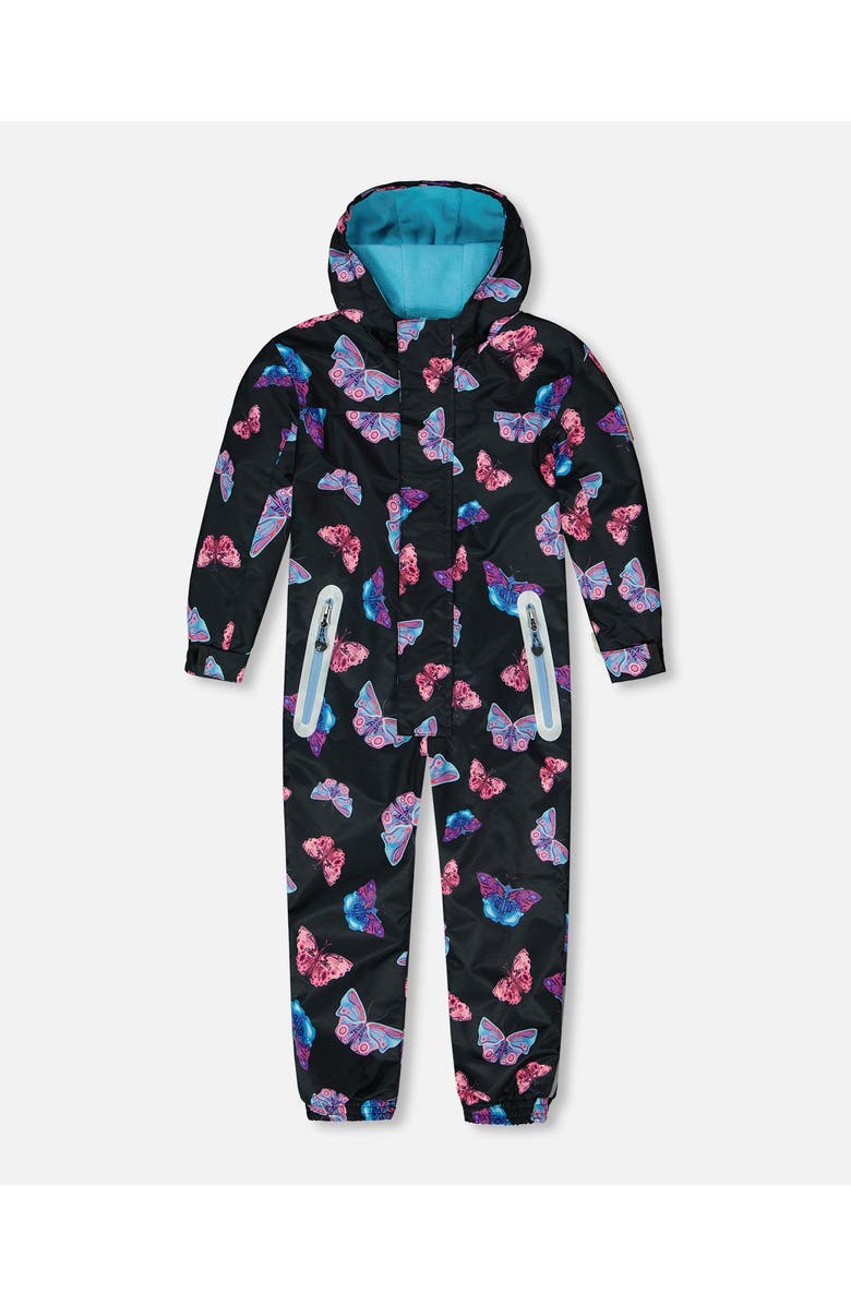 Deux par Deux Little Girl's Printed Mid-Season One-Piece Outerwear Multicolored Butterflies On Black Background, Main, color, 