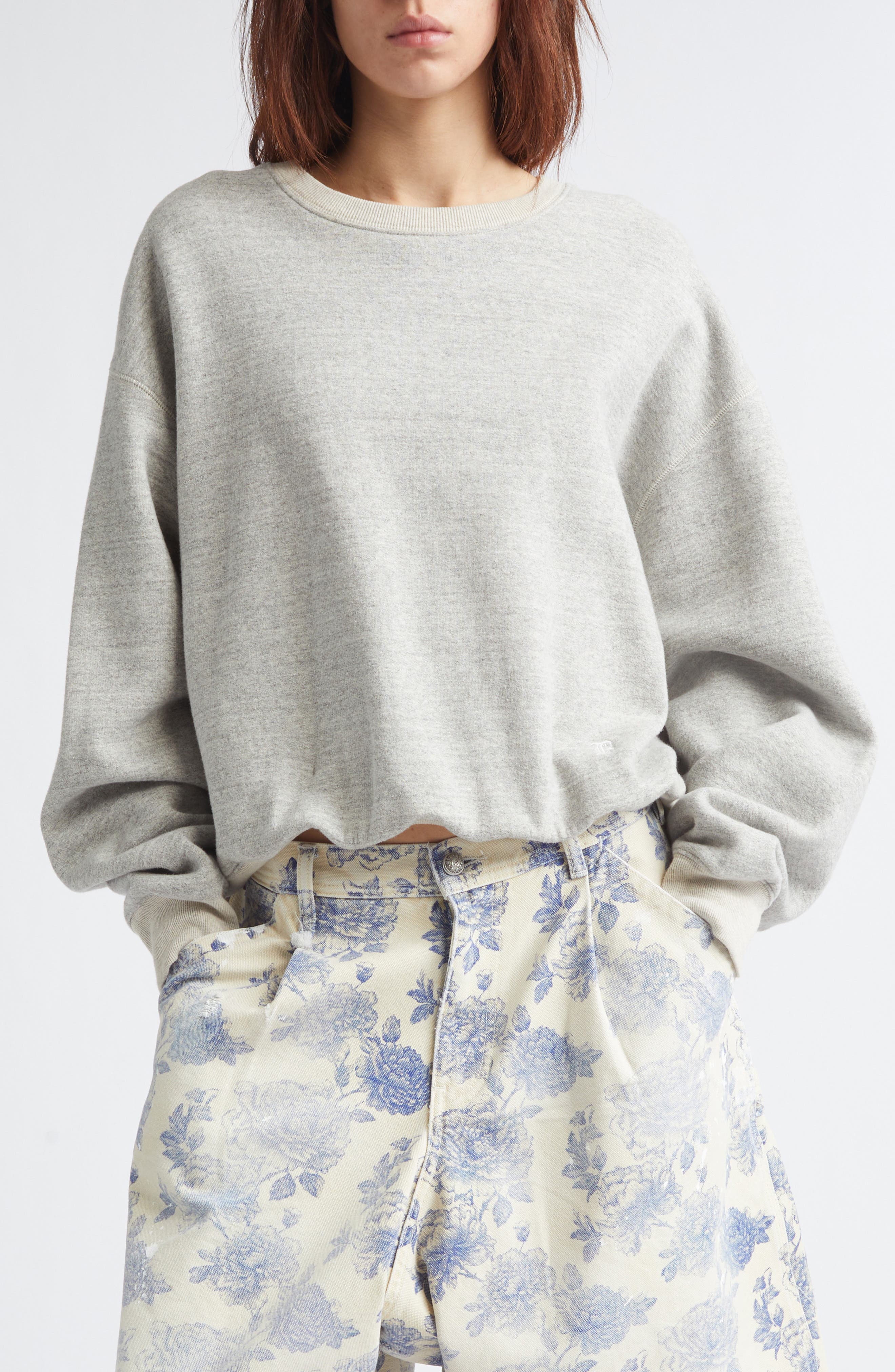 R13 Oversize Balloon New York Crewneck Graphic Sweatshirt In Heather Grey With Oatmeal