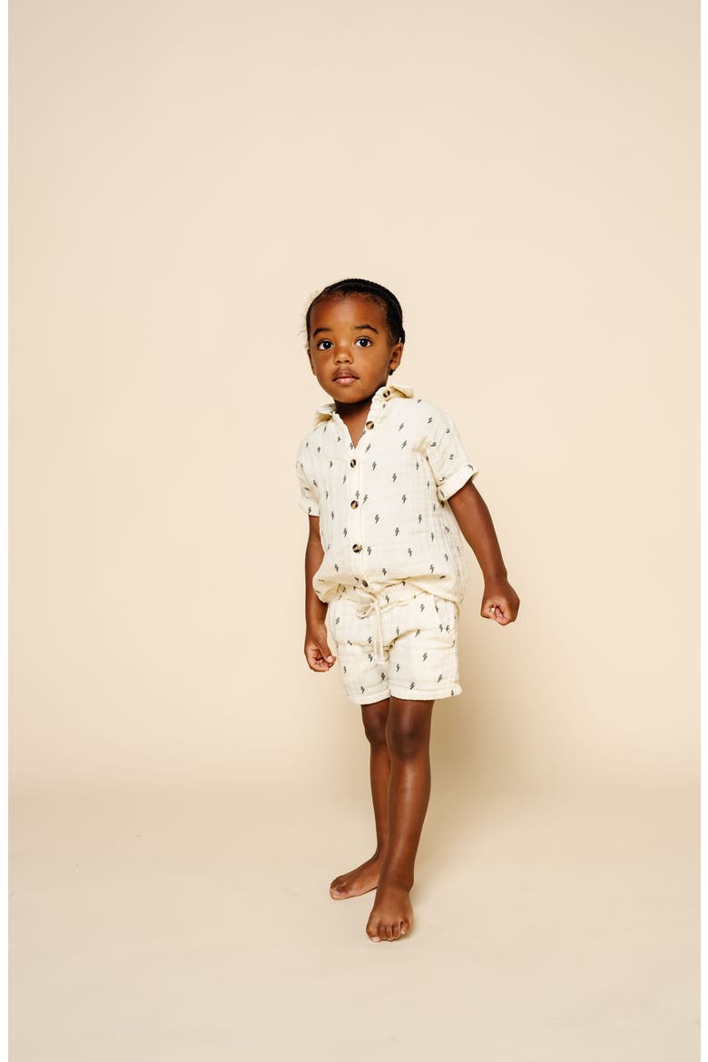 Cloud Cotton Muslin Button-Up Shirt & Shorts Set, Alternate, color, LIGHTNING BOLT