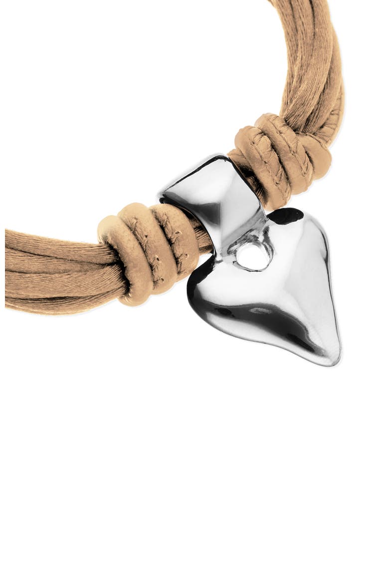 Silk-Effect Thread Blend Bracelet with Beige Leather and Silver Heart Detail, Alternate, color, Silver