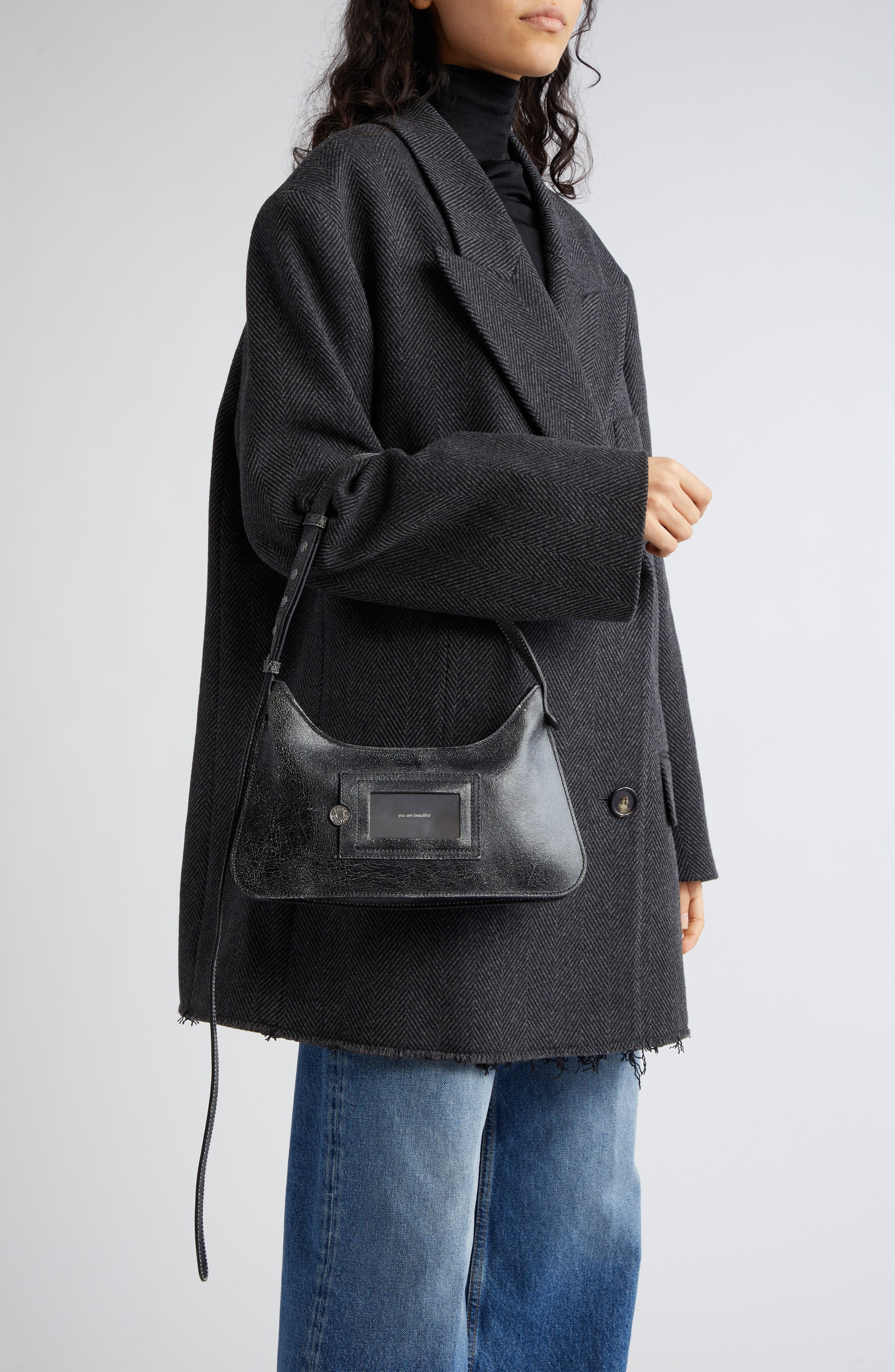 Acne Studios Mini Platt Crackle Leather Shoulder Bag, Alternate, color, 