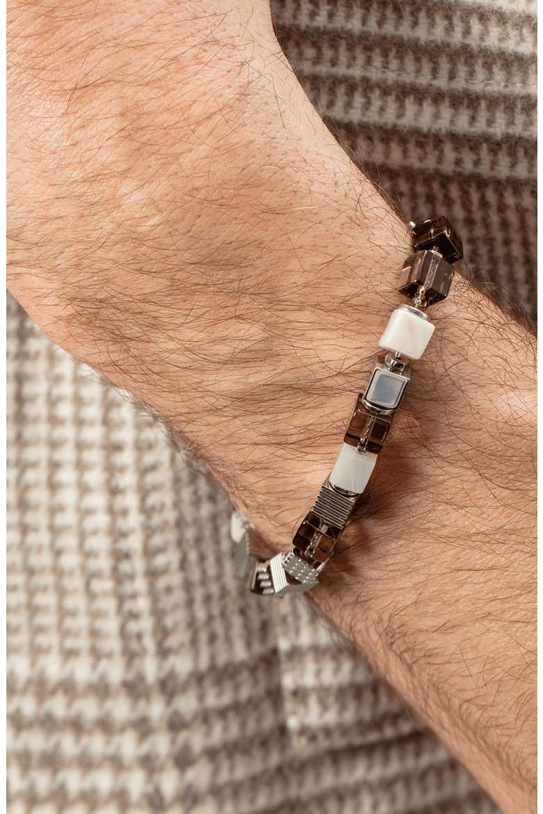 Smoky Quartz Graphic Cubes Bracelet In Stainless Steel, Alternate, color, Silver