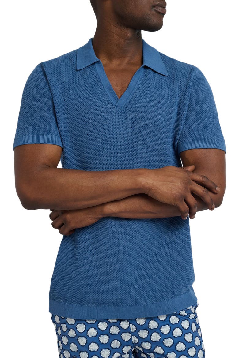 Cotton Textured Johnny Collar Polo, Alternate, color, VINTAGE INDIGO