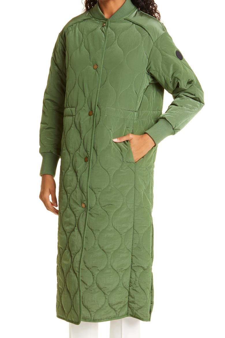 Avverrii Quilted Long Bomber Coat, Alternate, color, GREEN