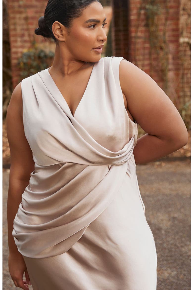 Plunge Drape Satin Bridesmaid Dress, Alternate, color, Oyster