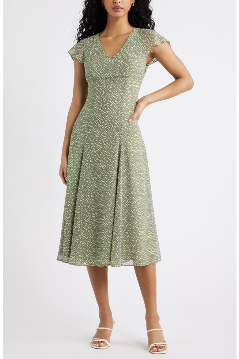 Short Sleeve Godet Pleat Dress, Main, color, OLIVE- WHITE DENSE DOT