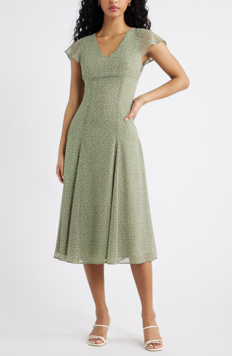 Open Edit Short Sleeve Godet Pleat Dress, Main, color, Olive- White Dense Dot