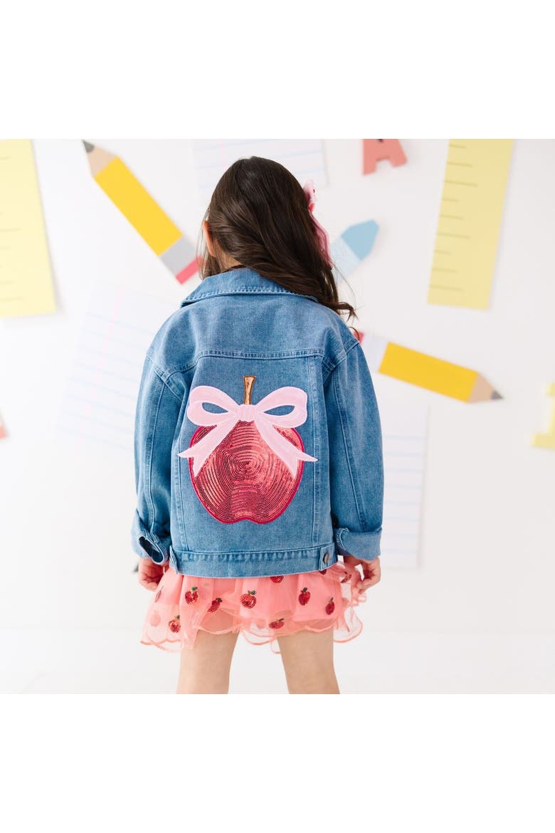 Apple Bow Sequin Patch Denim Jacket, Alternate, color, Denim