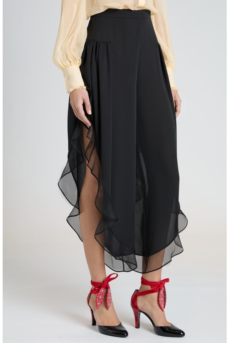 Ruffle Silk Georgette Pants, Alternate, color, NERO