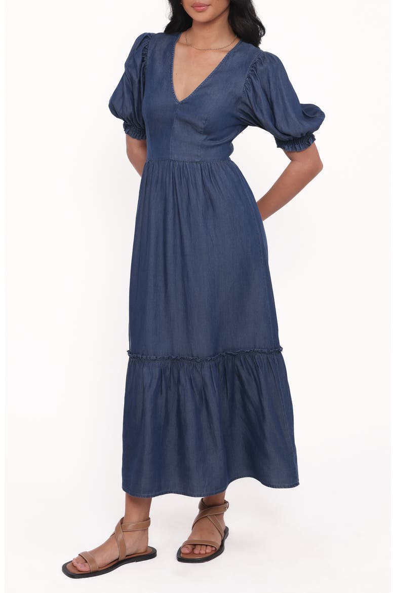 Steele Puff Sleeve Tiered Chambray Midi Dress, Alternate, color, DARK DENIM