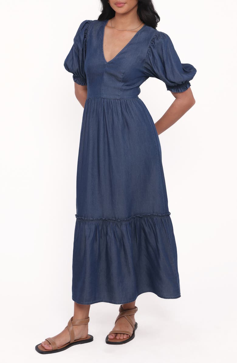 Petal & Pup Steele Puff Sleeve Tiered Chambray Midi Dress, Alternate, color, Dark Denim