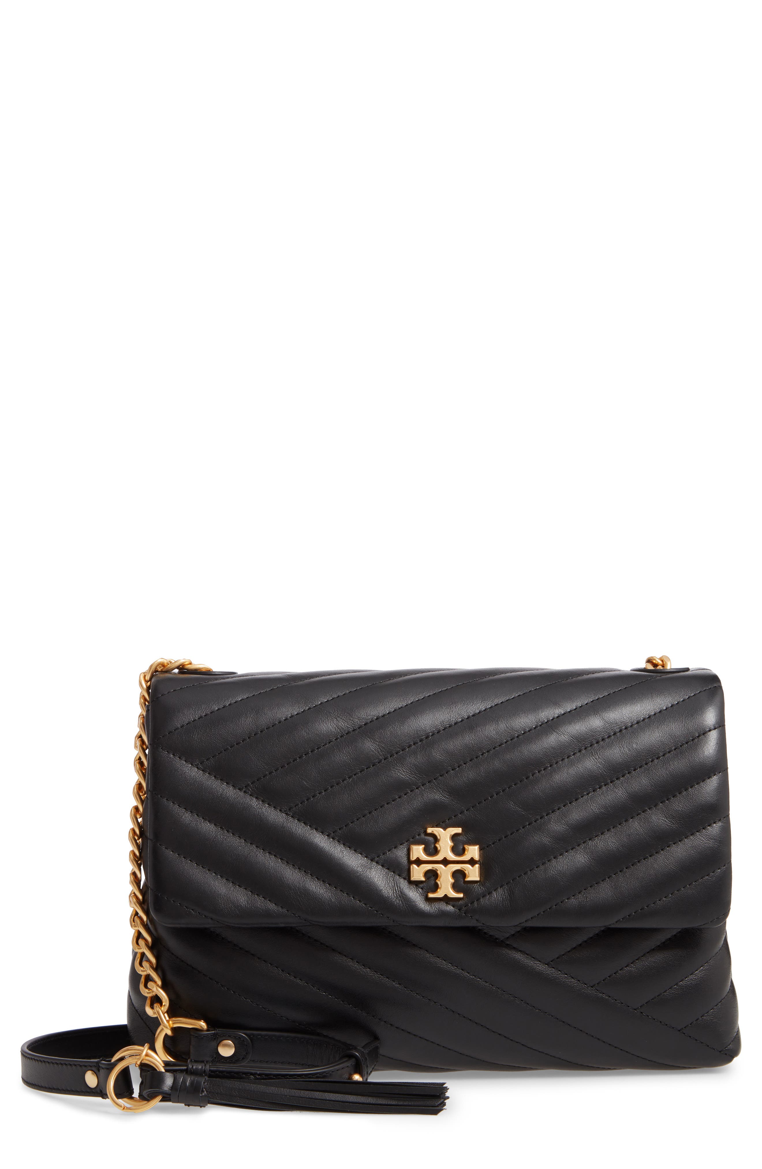 Kira Chevron Quilted Leather Shoulder Bag, Main, color, BLACK