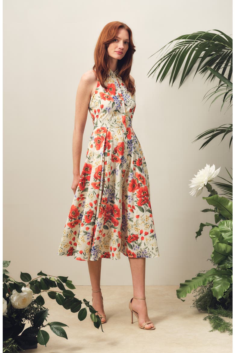 Noemi Floral Pleated Sleeveless Cotton Midi Shirtdress, Alternate, color, FIRE ORANGE