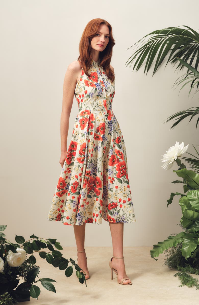 Ted Baker Noemi Floral Pleated Sleeveless Cotton Midi Shirtdress, Alternate, color, Fire Orange