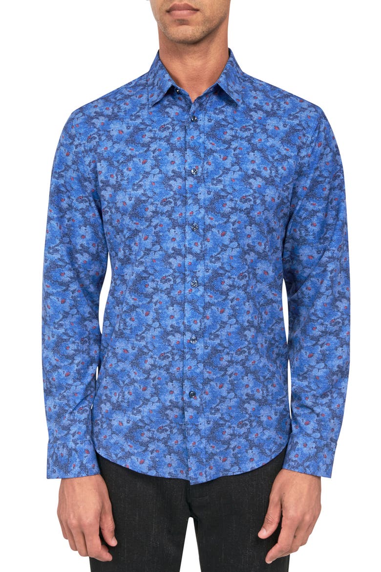 Slim Fit Denim Floral 4-Way Stretch Performance Long Sleeve Shirt, Main, color, NAVY