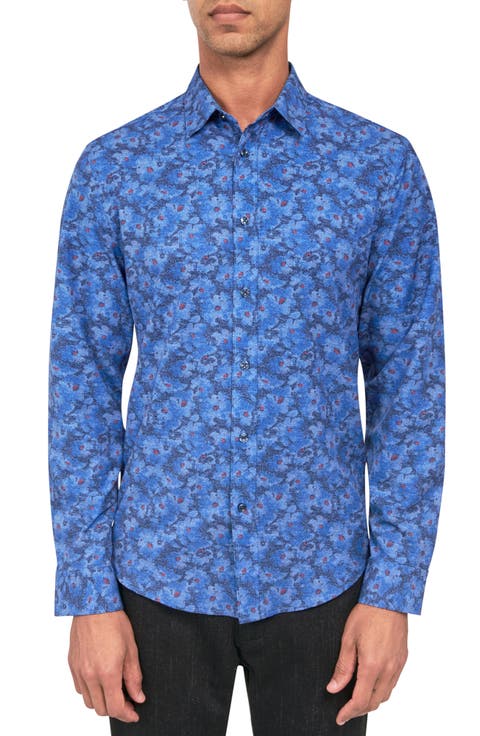 Slim Fit Denim Floral 4-Way Stretch Performance Long Sleeve Shirt