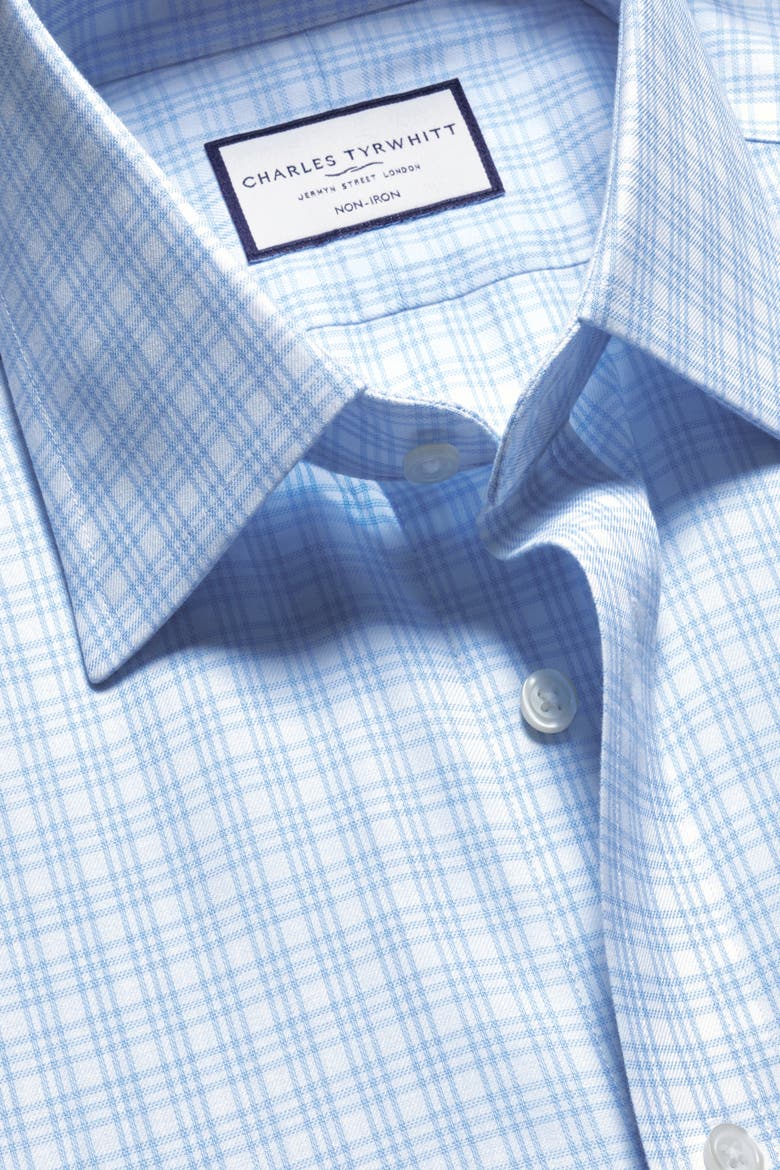 Triple Check Non-Iron Twill Slim Fit Shirt Single Cuff, Alternate, color, Sky Blue