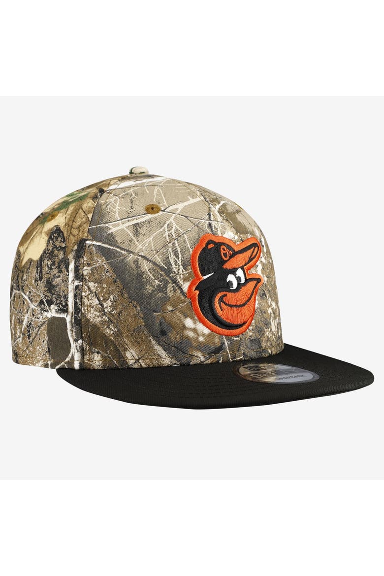 Men's New Era Camo Baltimore Orioles Realtree Orange Pop 9FIFTY Snapback Hat, Alternate, color, Camo