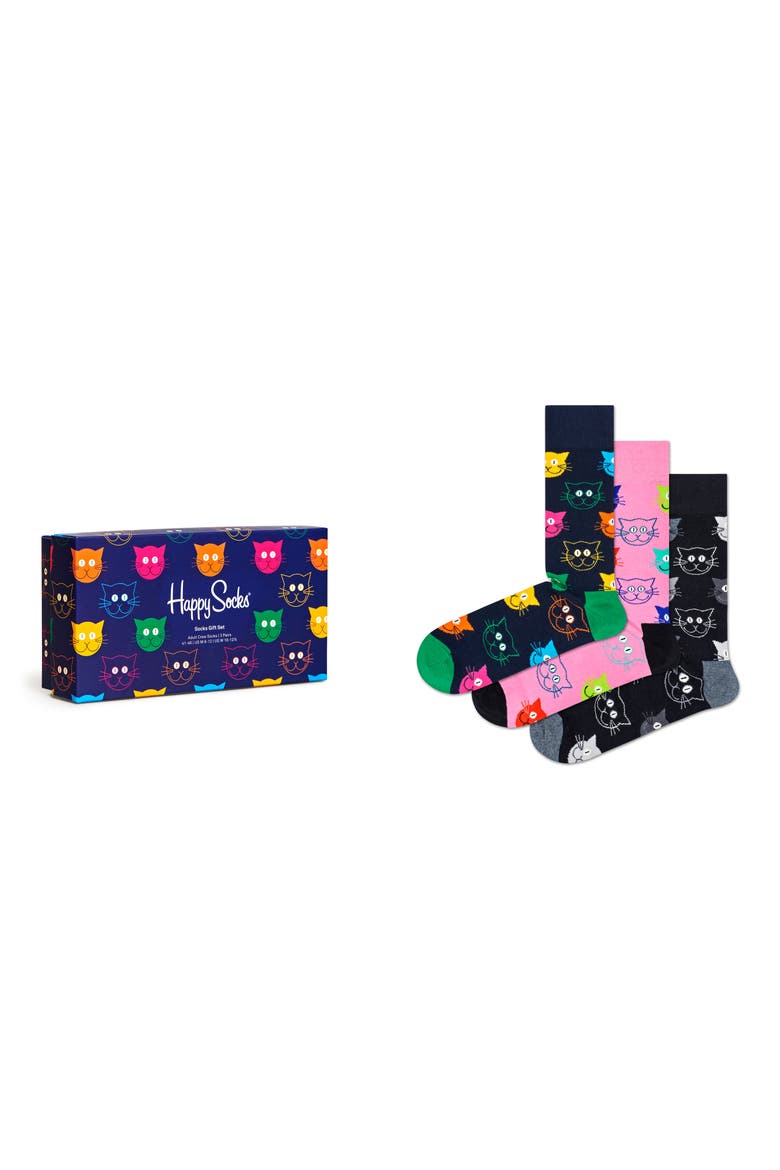 Assorted 3-Pack Mixed Cat Socks Gift Set, Main, color, NAVY