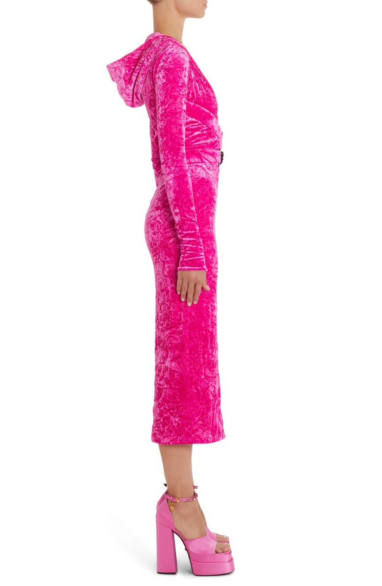 Versace Hooded Long Sleeve Deep V-Neck Crushed Velvet Midi Dress, Alternate, color, 