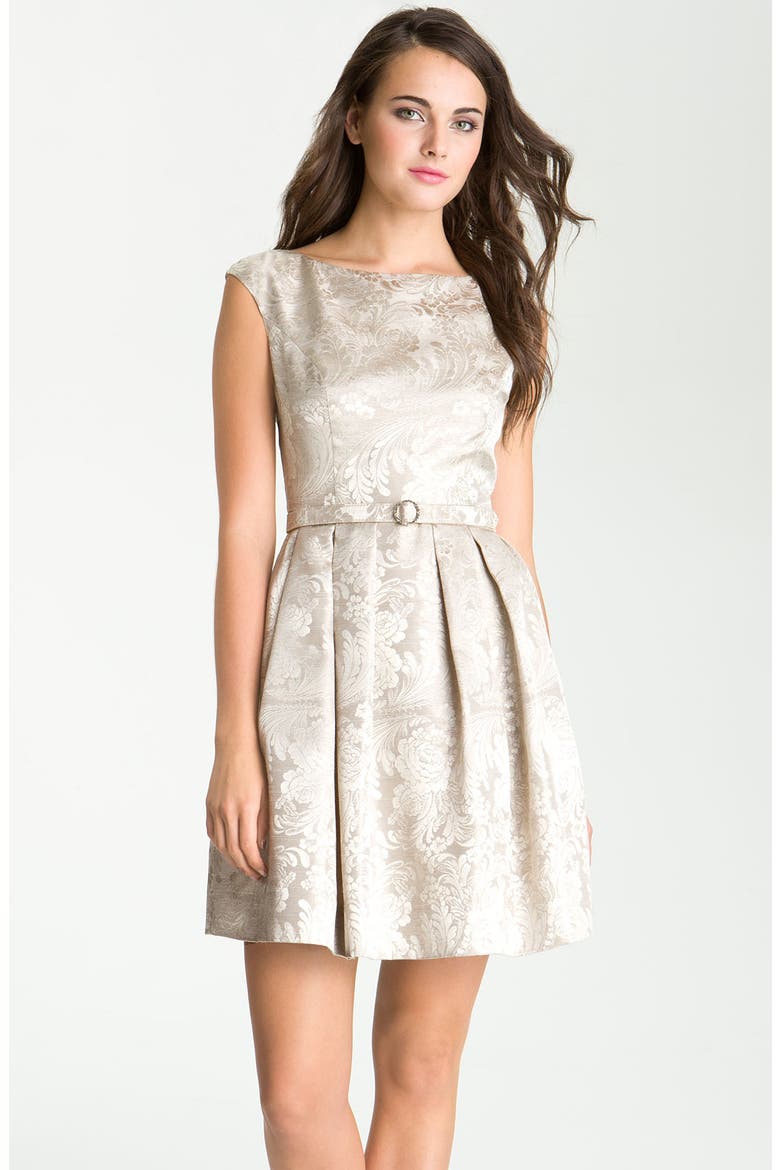 Boatneck Jacquard Fit & Flare Dress, Main, color, CHAMPAGNE