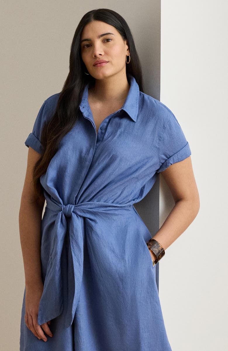 Lauren Ralph Lauren Tie Waist Linen Shirtdress, Alternate, color, Carson Blue