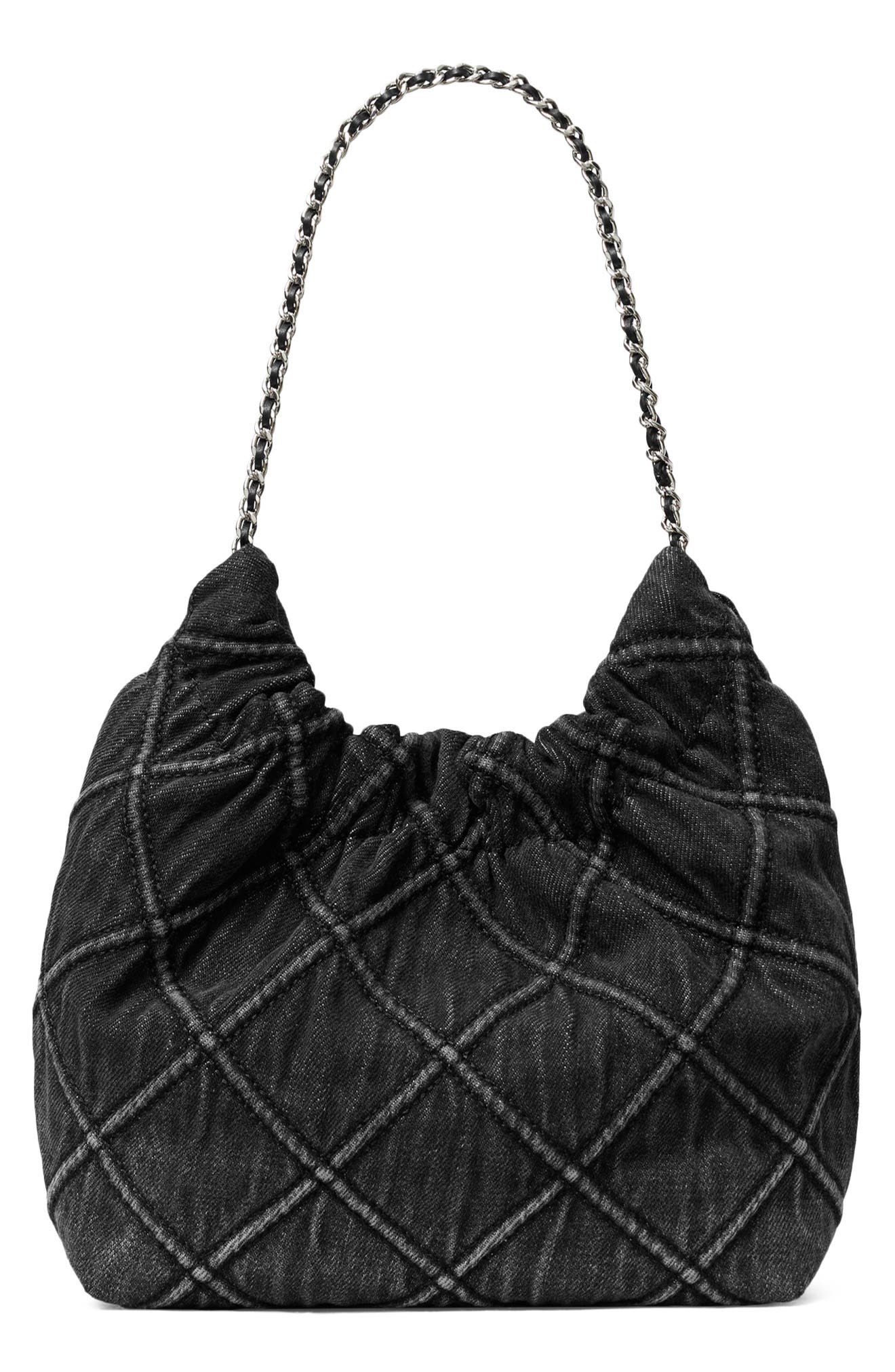 Mini Fleming Quilted Denim Hobo Bag, Alternate, color, BLACK