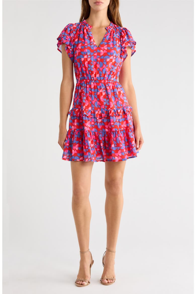Averly Print Ruffle Trim Tiered Babydoll Minidress, Main, color, RED-PINK-MULTI