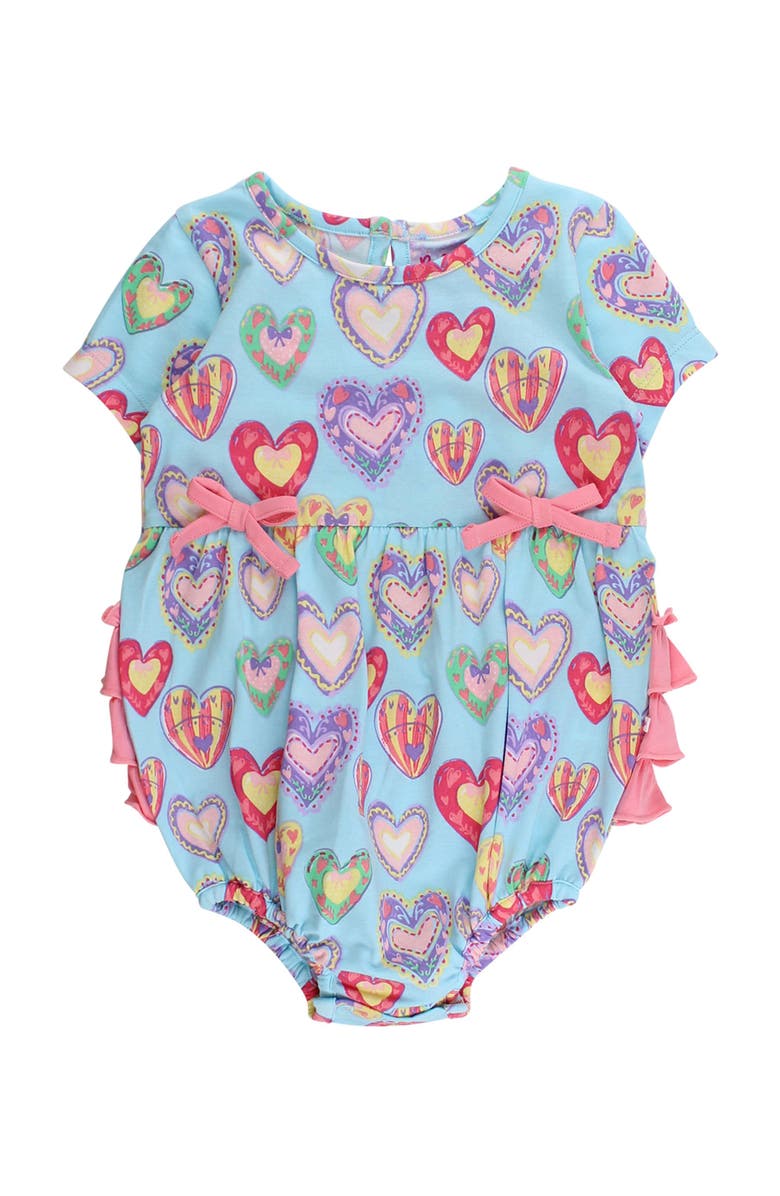 RuffleButts Knit Short Sleeve Bow Bubble Romper, Main, color, Painted With Love
