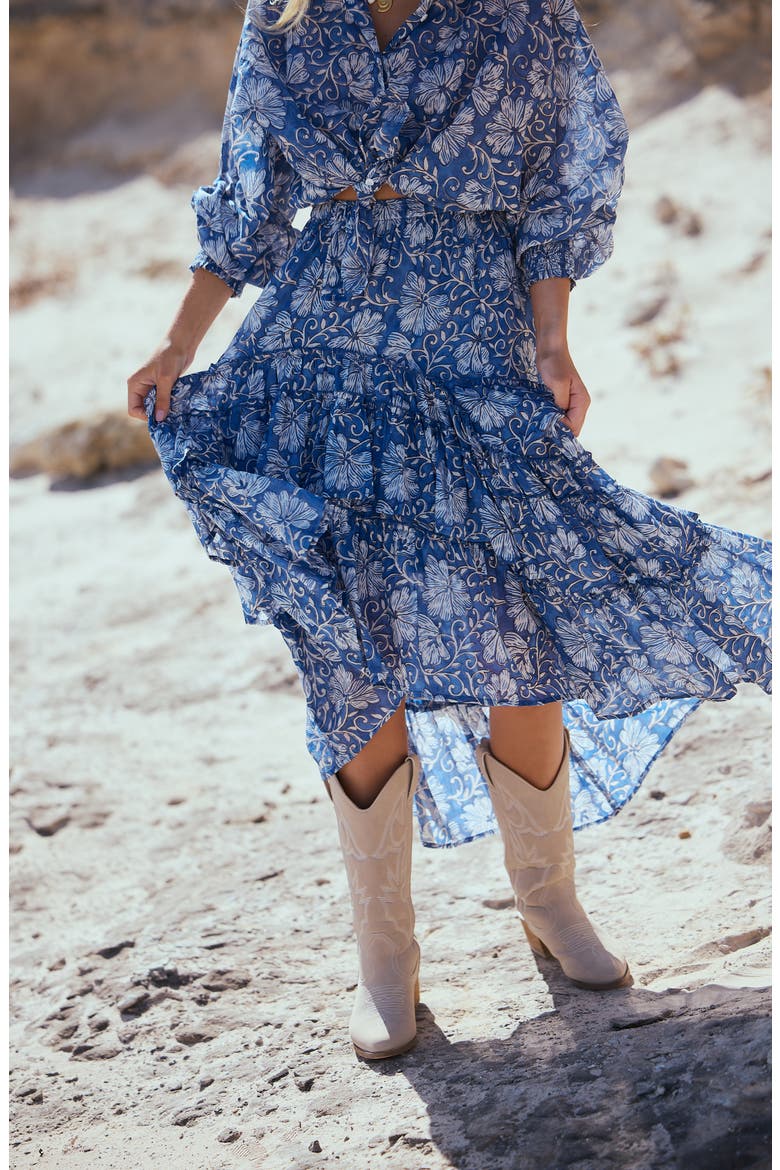 Sassy Floral High Low Tiered Midi Skirt, Alternate, color, BLUE BLOSSOM