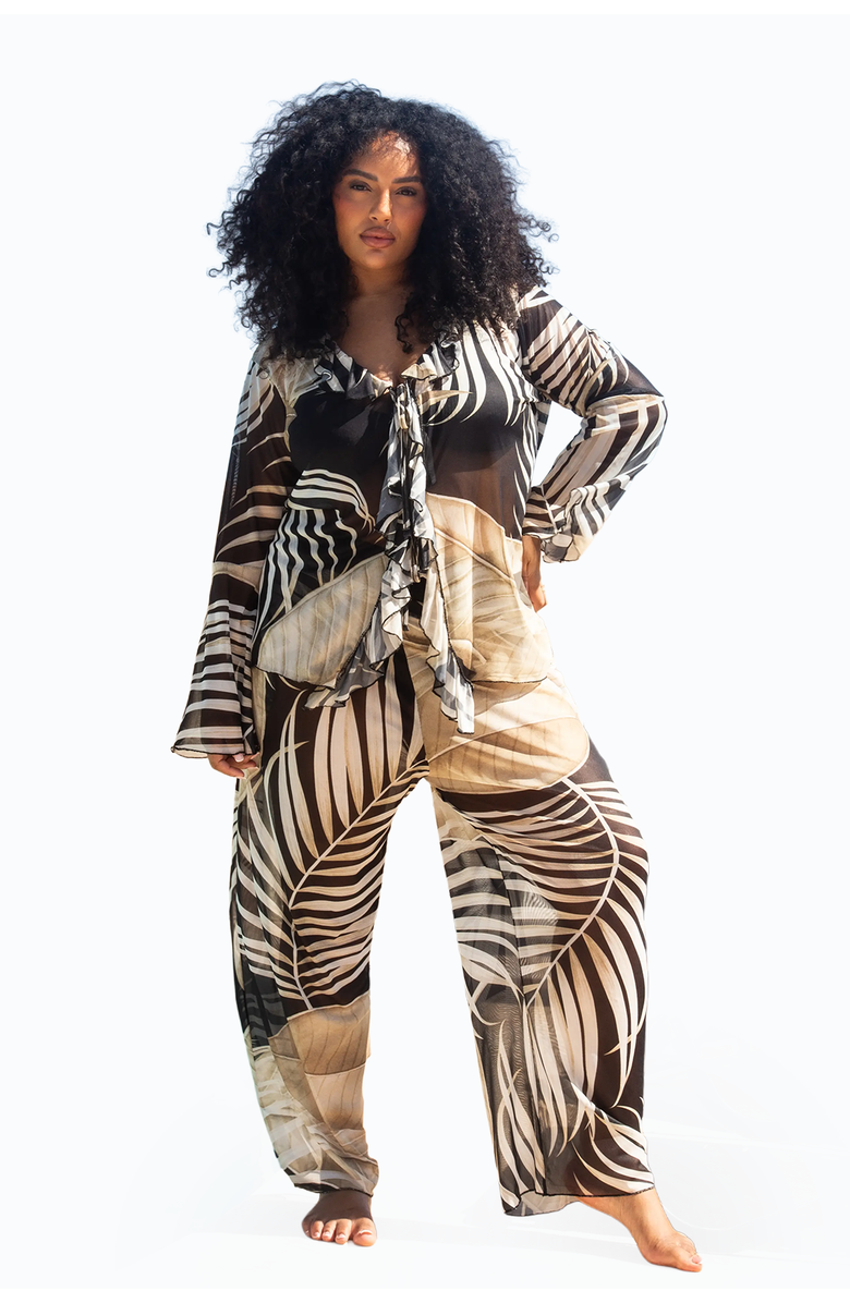 FASHION-SZN CURVE Curve Tonal Palm Print Ruffle Resort Top, Alternate, color, Black