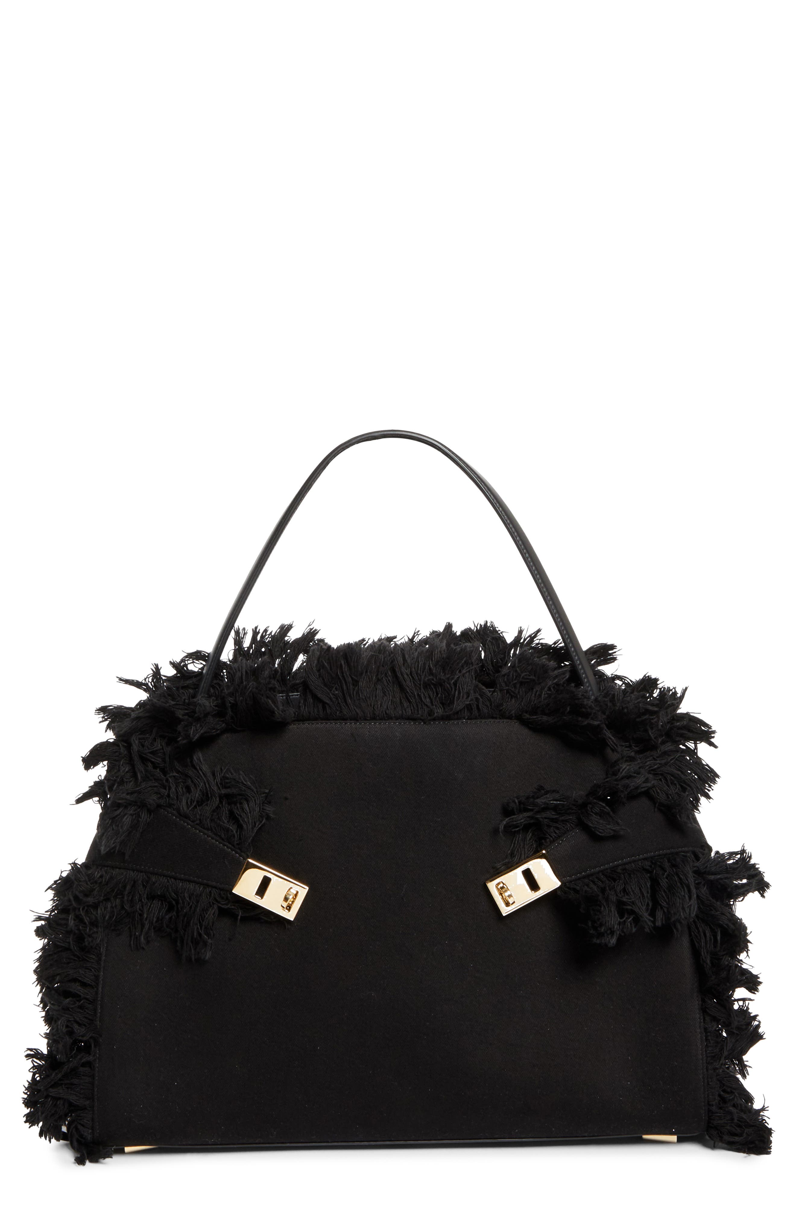 FERRAGAMO Medium Hug Fringed Top Handle Bag, Main, color, Nero