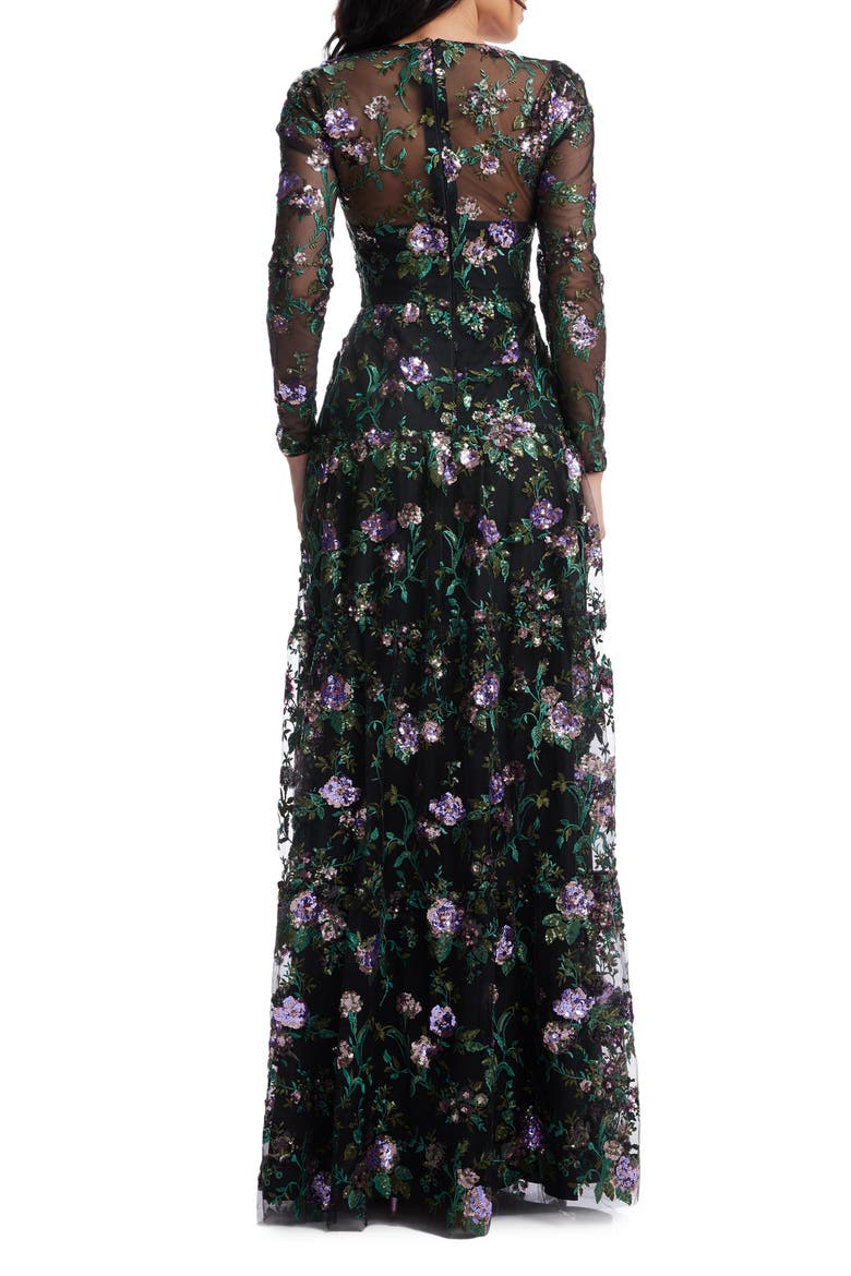 Angelina Sequin Floral Embroidery Long Sleeve Gown, Alternate, color, BLACK MULTI