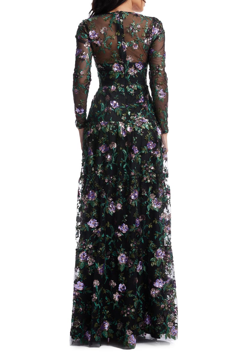 Dress the Population Angelina Sequin Floral Embroidery Long Sleeve Gown, Alternate, color, Black Multi