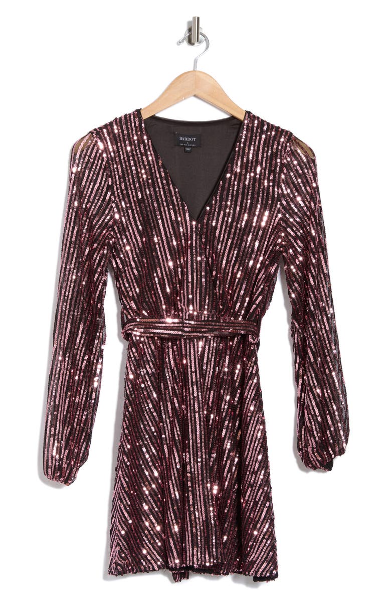Bardot Sequin Stripe Long Sleeve Faux Wrap Minidress, Alternate, color,
