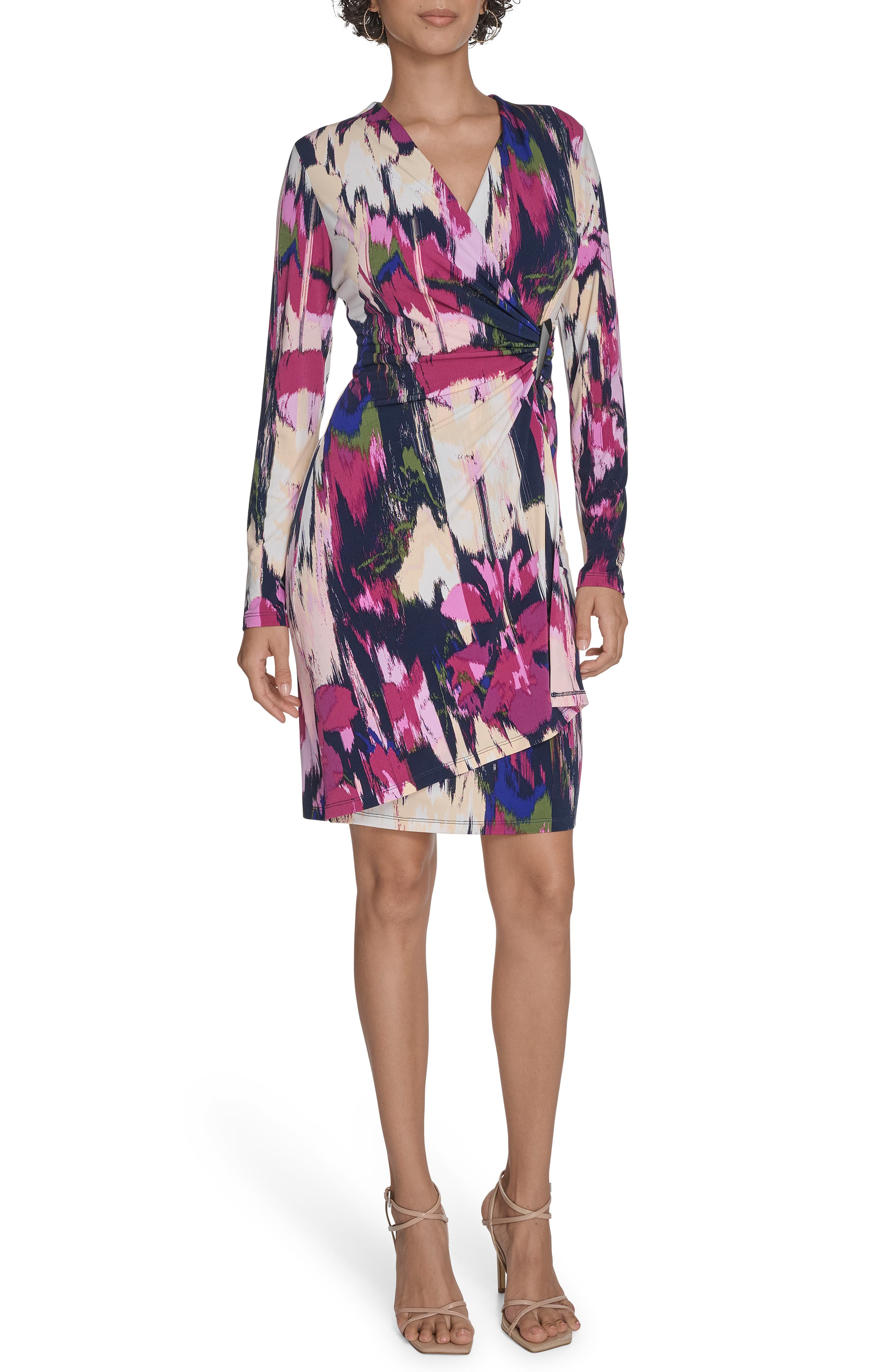 Calvin Klein Floral Long Sleeve Faux Wrap Dress