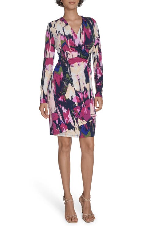 Floral Long Sleeve Faux Wrap Dress