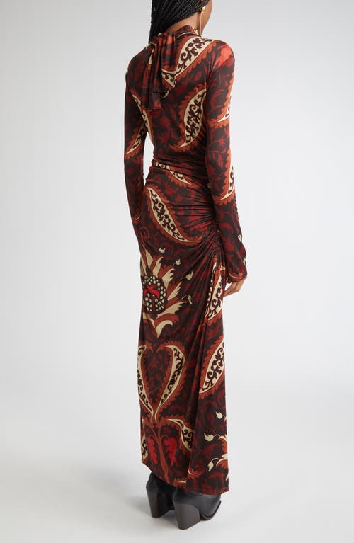 Johanna Ortiz Start Point Print Long Sleeve Jersey Maxi Dress In Burgundy