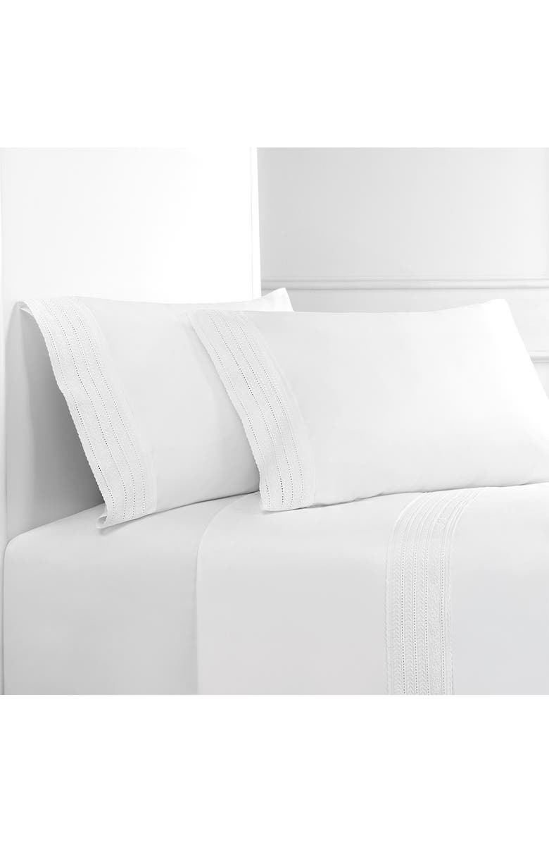 MELANGE HOME Elizabeth Tonal Lace 300 Thread Count Cotton Sheet Set, Alternate, color, White/ White