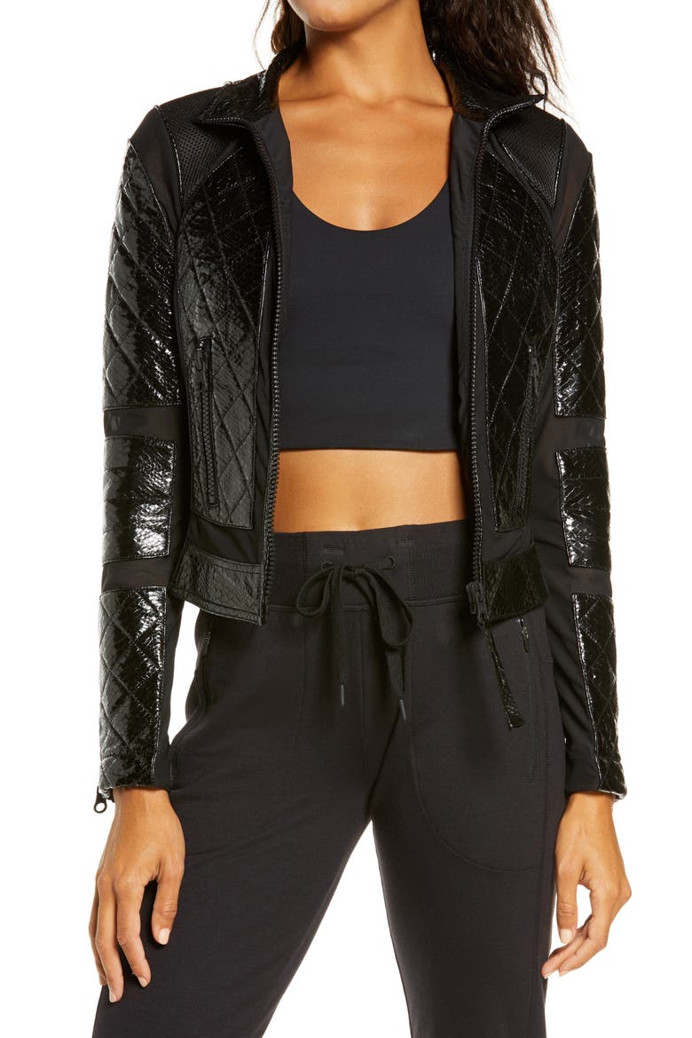 Quilted Snake Embossed Faux Patent Leather & Mesh Moto Jacket, Alternate, color, BLACK SNAKE